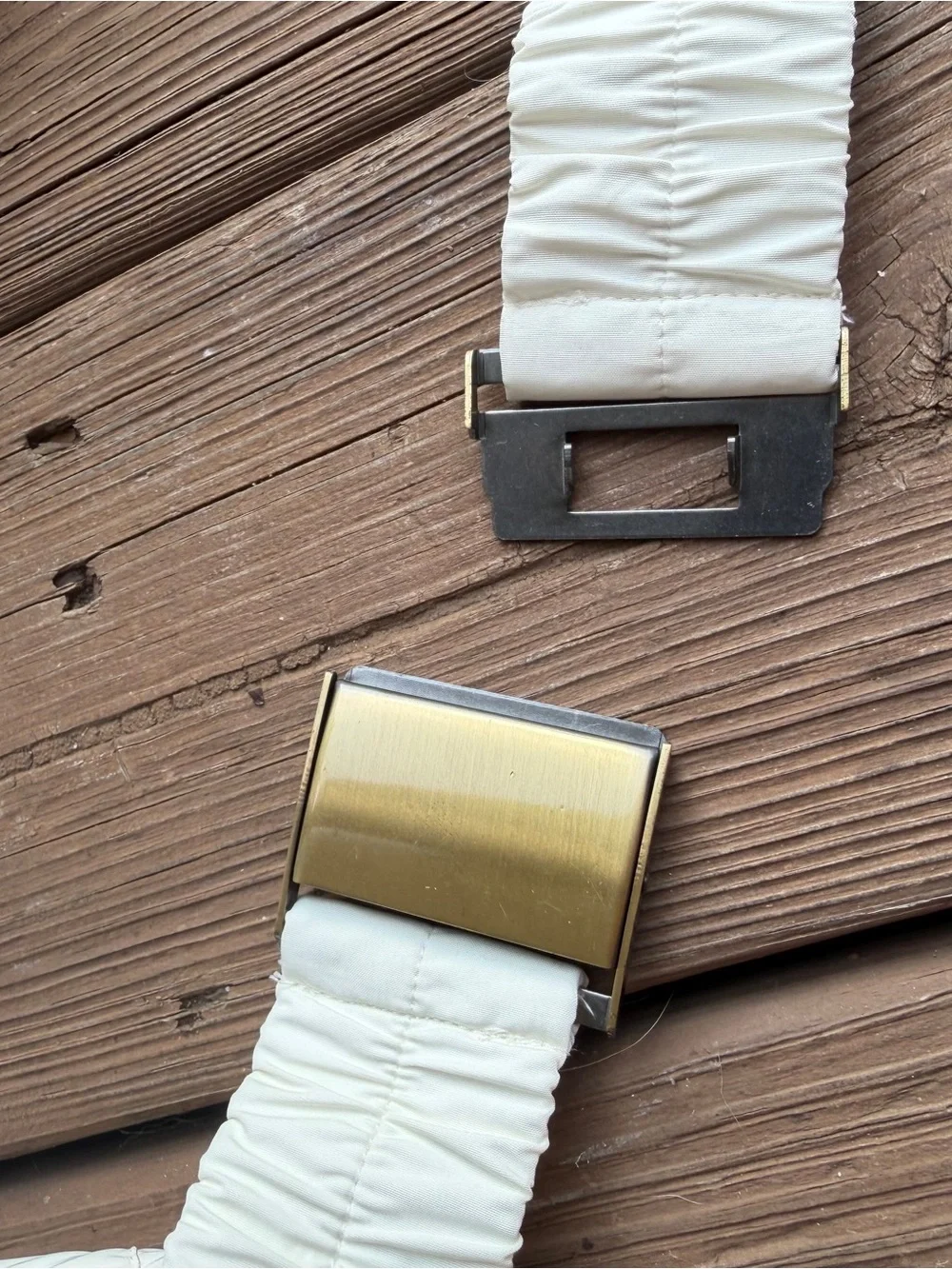 Vintage 80s White Ruched Elastic Cinch Belt Wide Gold Buckle Statement 39”